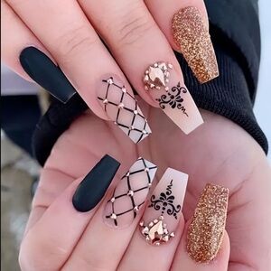 Women’s Gold Accent Coffin Rhinestone Press On Nails